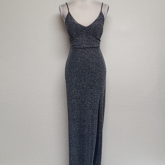 90s Vintage Mind Code Black Metallic Knit V-neck Thigh High Slit Maxi Dress  L